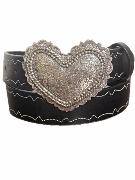 Brighton Accessories - Brighton Black Leather Belt Silver Engraved Filigree Heart Buckle Stitching